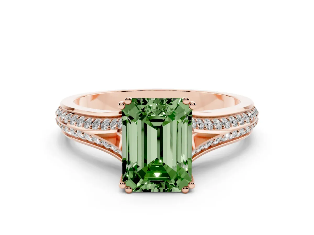 Fancy Green Emerald Cut Diamond Split Shank Pavé Engagement Ring Set in Rose gold with Prong-Set Center Stone