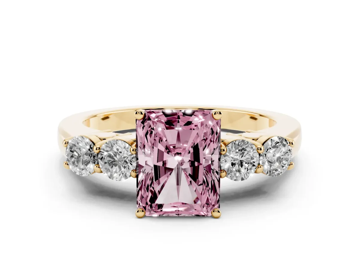 Fancy Pink Radiant Cut Diamond Five-Stone Prong Set Band Ring Set in Yellow gold with Polished Band