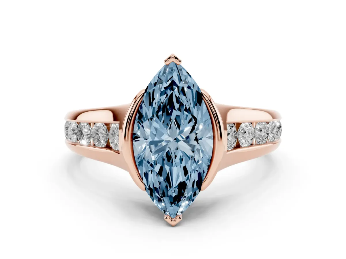 Fancy Blue Marquise Cut Diamond Bezel-Set Solitaire Ring Set in Rose gold with Channel-Set Band