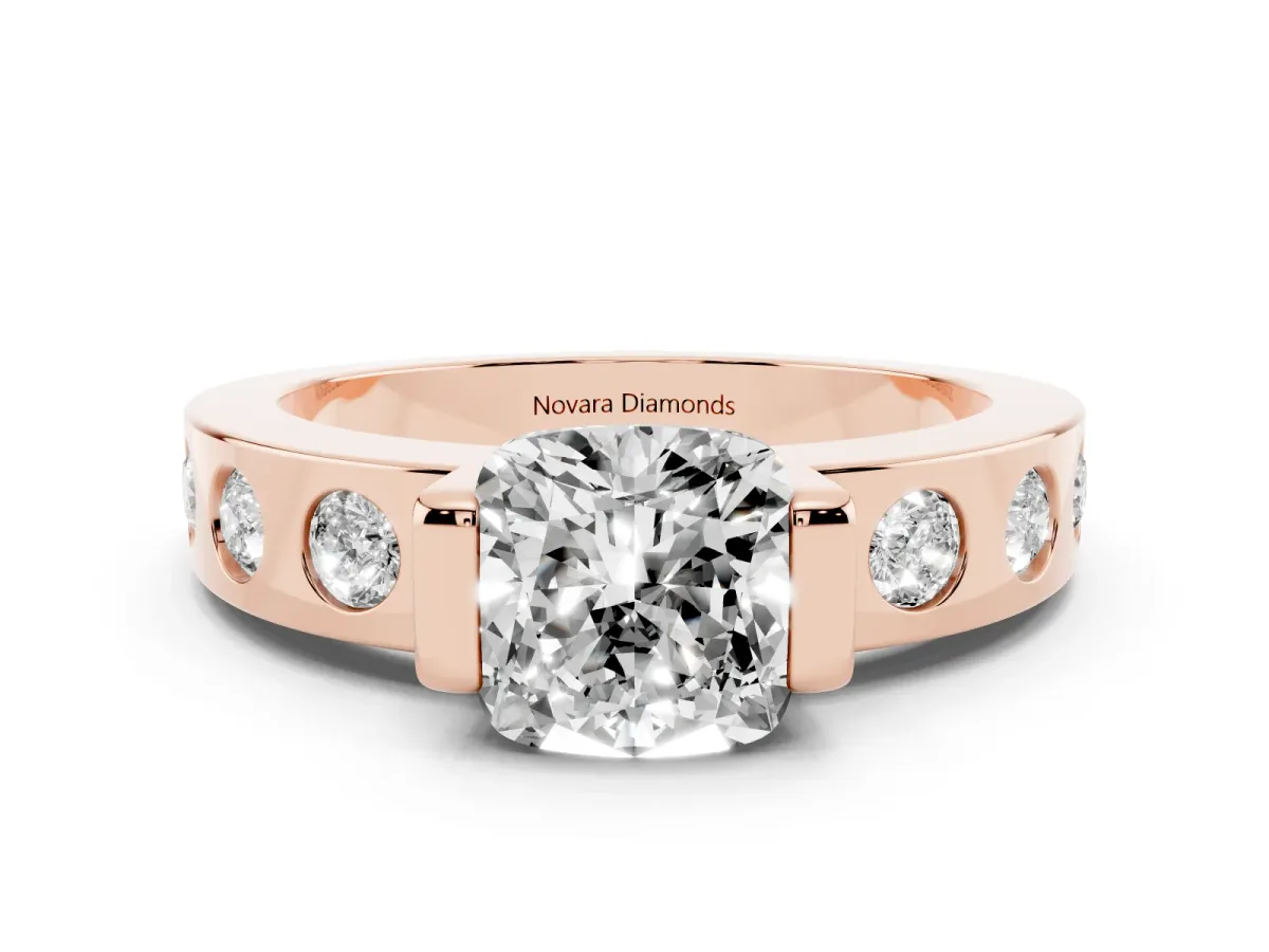 Cushion Cut Diamond Channel-Set Band Ring Set in Rose gold with Bezel Prong Setting