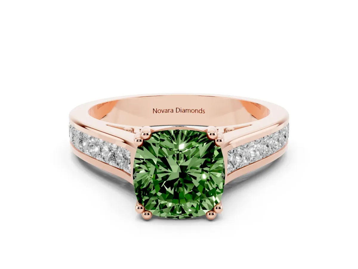 Fancy Green Cushion Cut Diamond Channel Set Solitaire Engagement Ring Set in Rose gold with Prong Setting