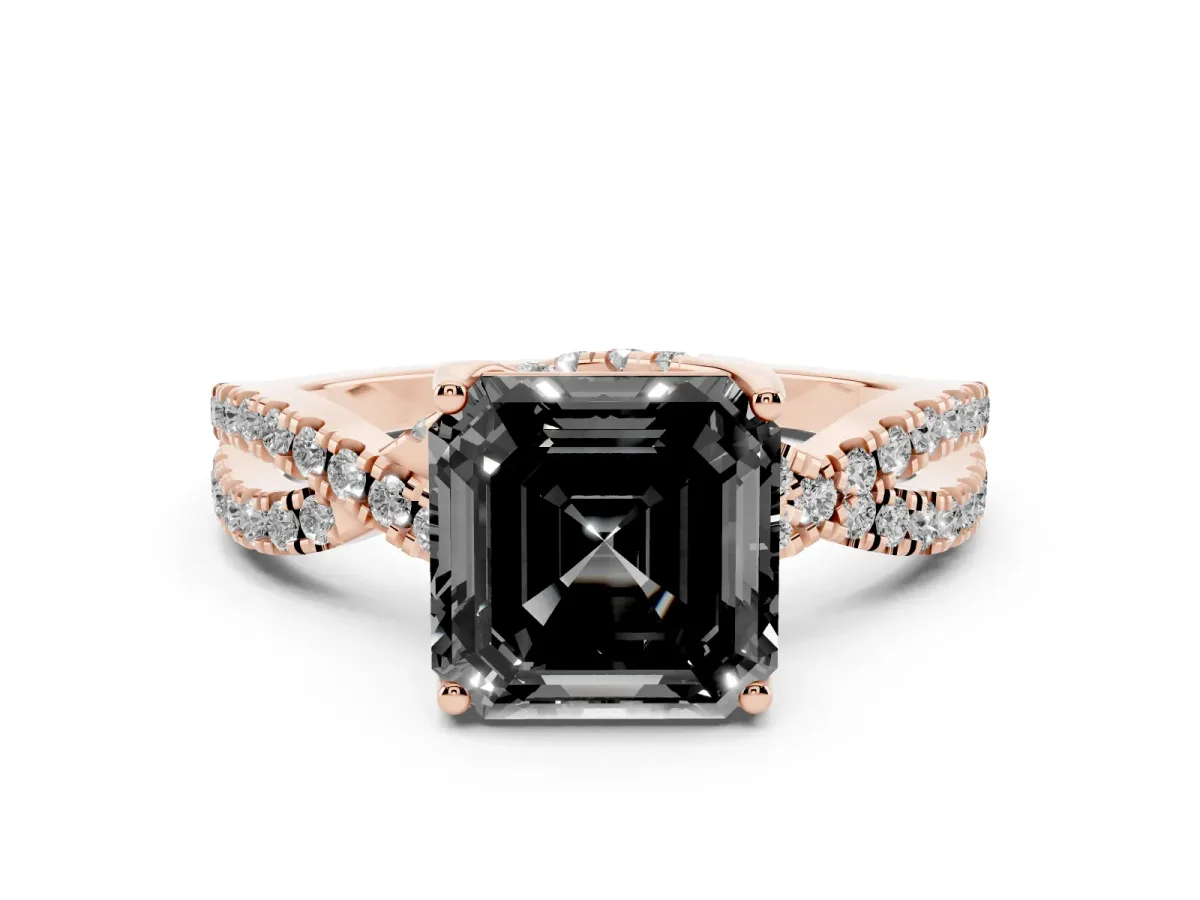 Fancy Black Asscher Cut Diamond Twist Pavé Solitaire Engagement Ring Set in Rose gold with Prong Setting