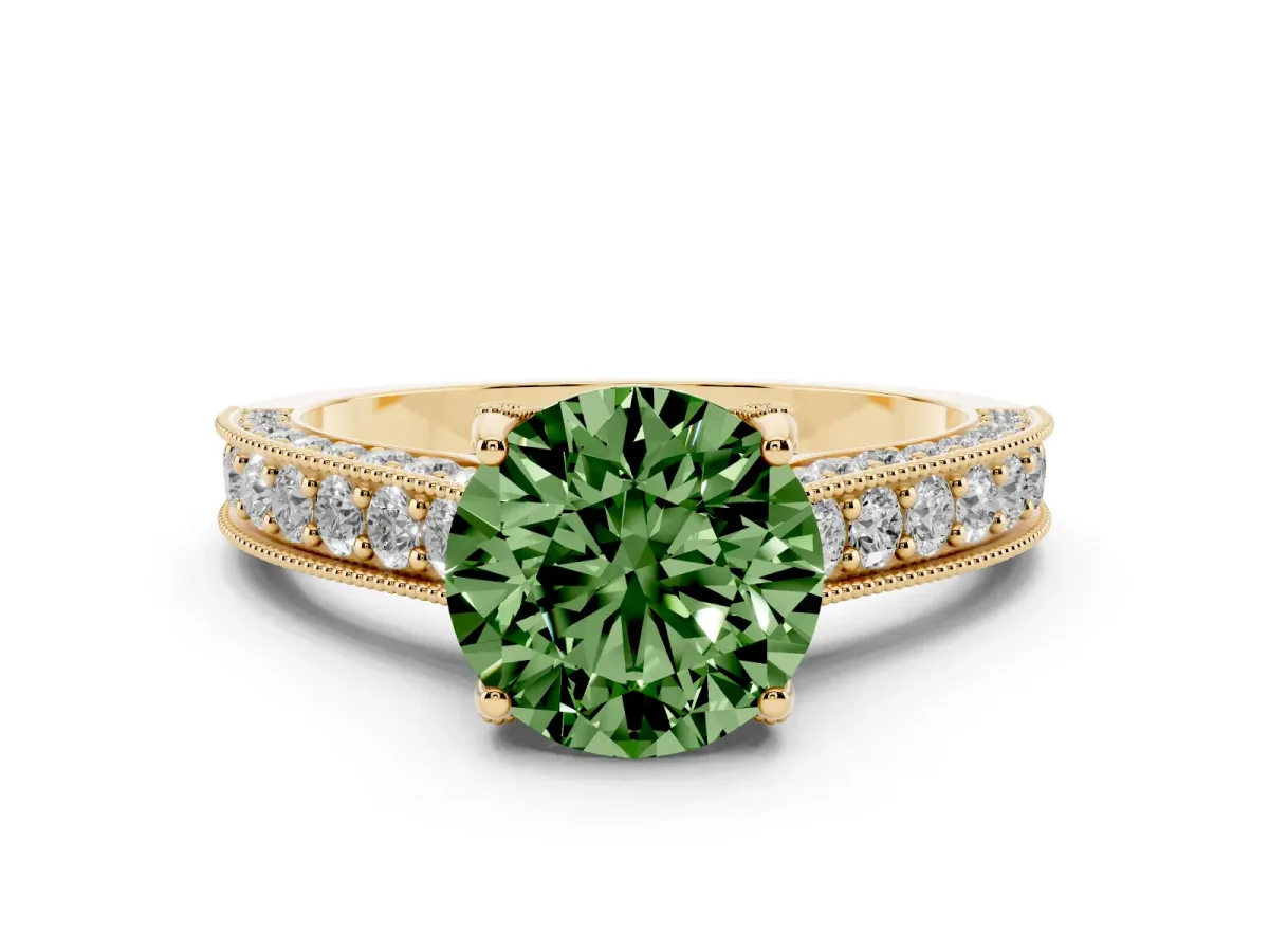 Fancy Green Round Cut Diamond Solitaire Ring Set in Yellow gold with Milgrain-Edged Pavé Band and Prong Setting