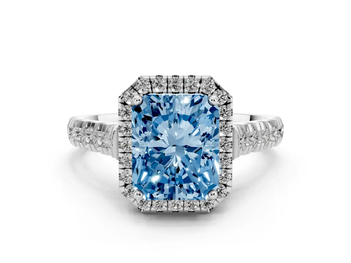 Fancy Blue Radiant Cut Diamond Halo Engagement Ring Set in Silver with Pavé Band and Prong-Set Center