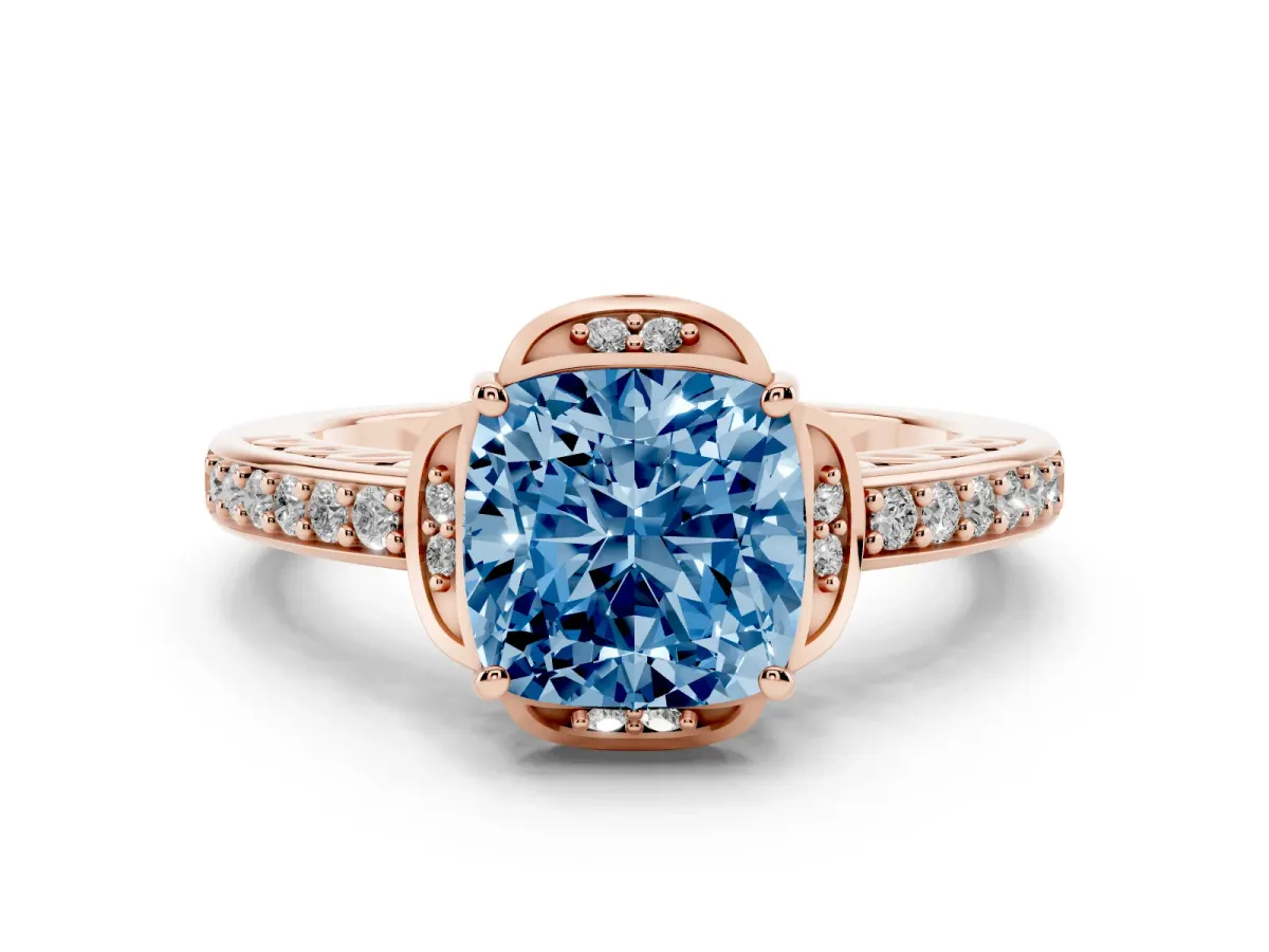 Fancy Blue Cushion Cut Diamond Halo Ring Set in Rose gold with Channel Set Band and Prong Setting