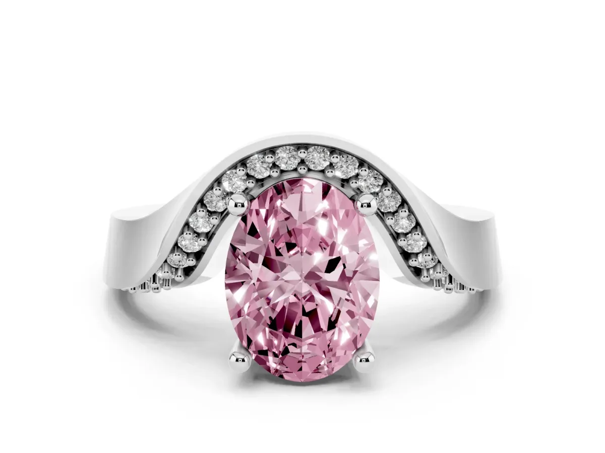 Fancy Pink Oval Cut Diamond Solitaire Engagement Ring Set in White gold with Pavé Shoulders