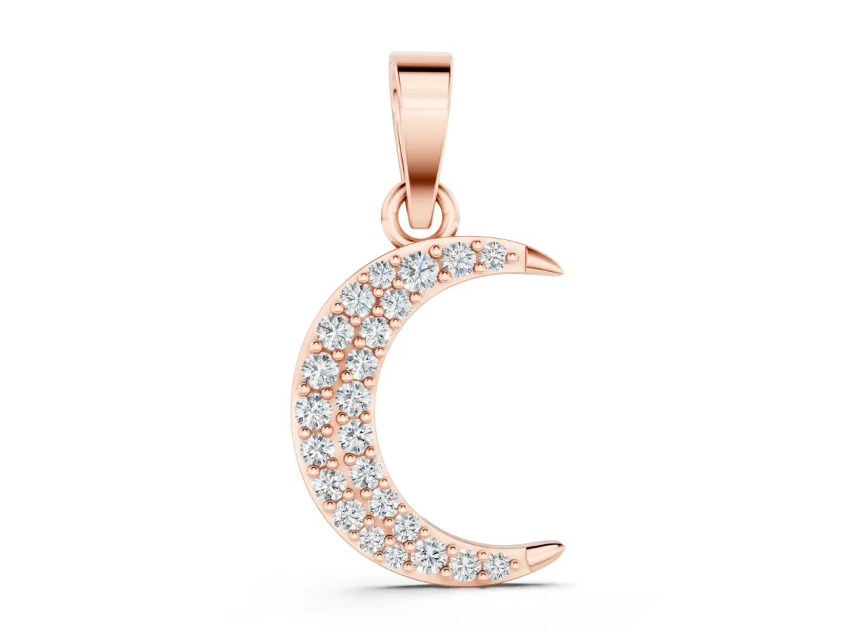 Pavé Round Diamond Crescent Pendant Set in Rose gold with Four-Prong Setting