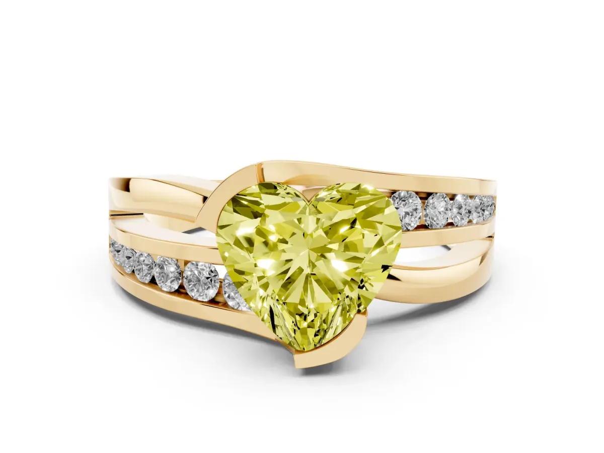 Fancy Yellow Heart Cut Diamond Solitaire Ring Set in Yellow gold with Channel Set Split Shank and Tension Prongs