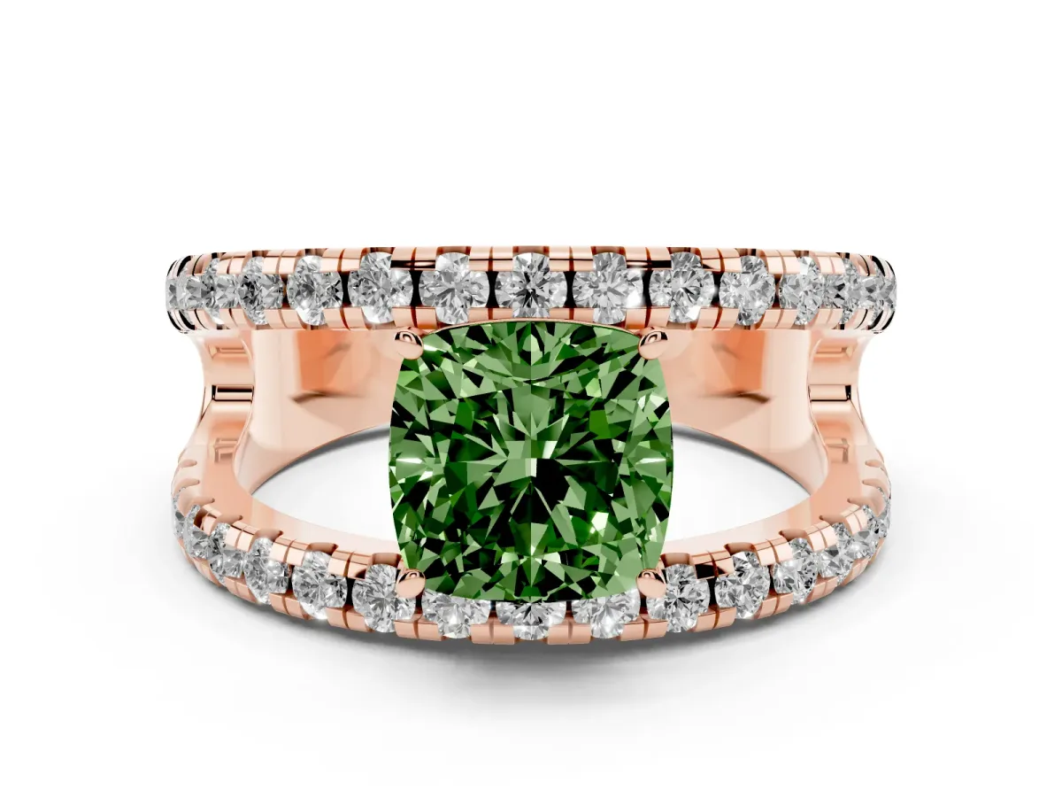 Fancy Green Cushion Cut Diamond Split Shank Pavé Solitaire Ring Set in Rose gold with Open Shank Design