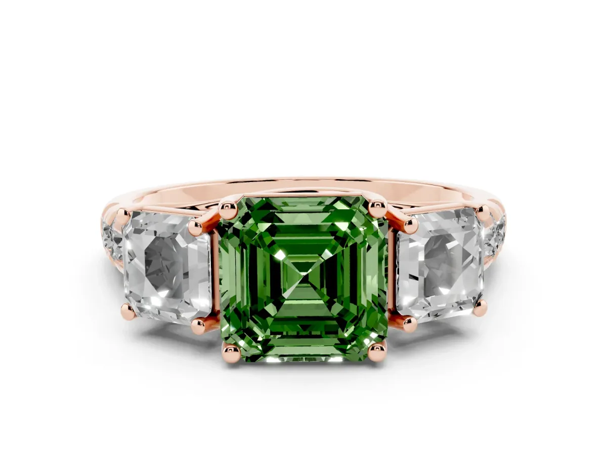 Fancy Green Asscher Cut Diamond Three-Stone Ring Set in Rose gold with Pavé Band