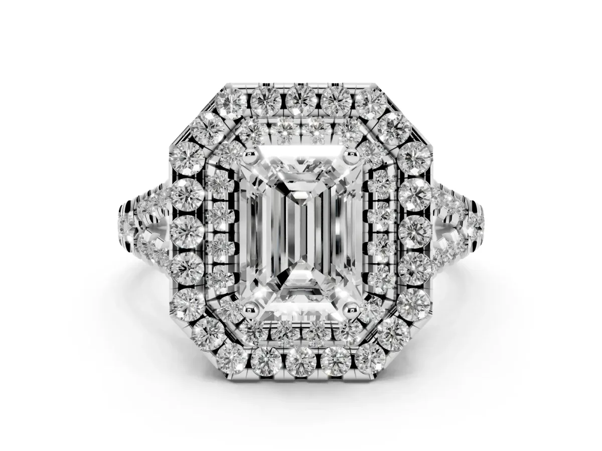 Emerald Cut Diamond Double Halo Ring Set in Silver with Pavé Split Shank and Prong Setting