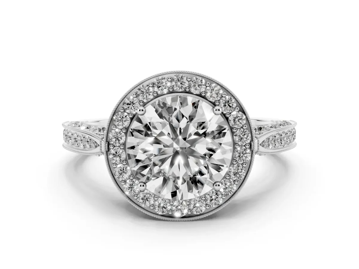 Round Cut Diamond Halo Engagement Ring Set in Platinum with Accent Split Shank Band
