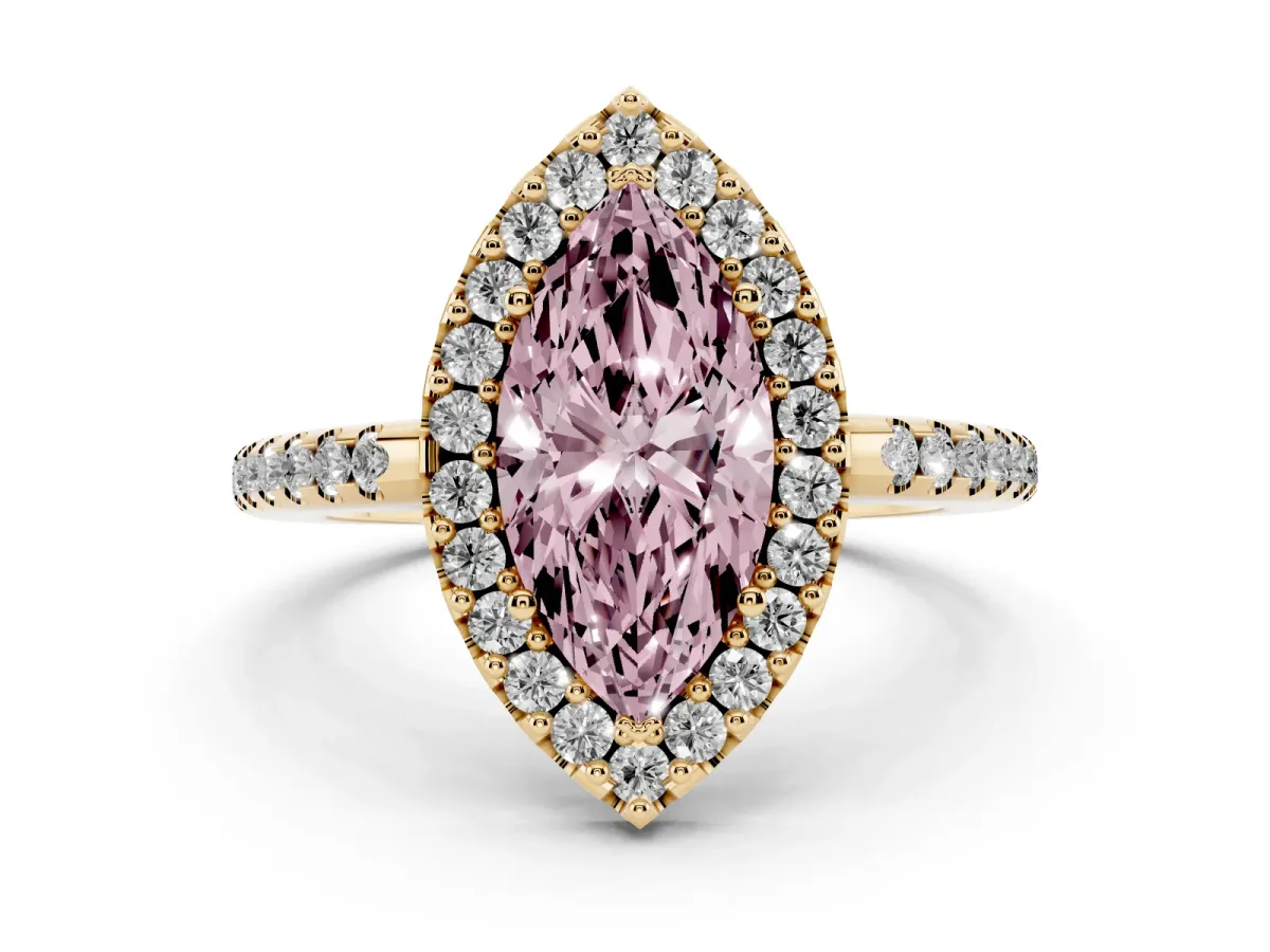 Fancy Pink Marquise Cut Diamond Pavé Halo Ring Set in Yellow gold with Prong Setting