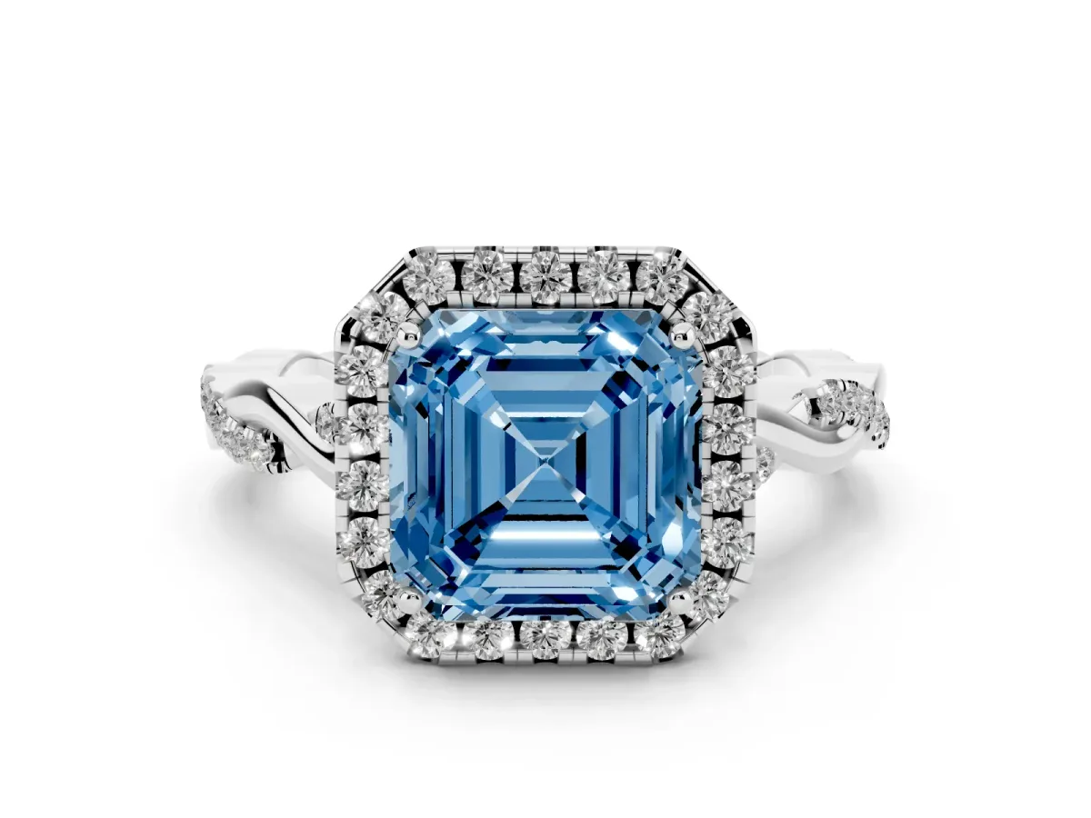 Fancy Blue Asscher Cut Diamond Halo Twist Band Solitaire Ring Set in Silver with Prong Setting