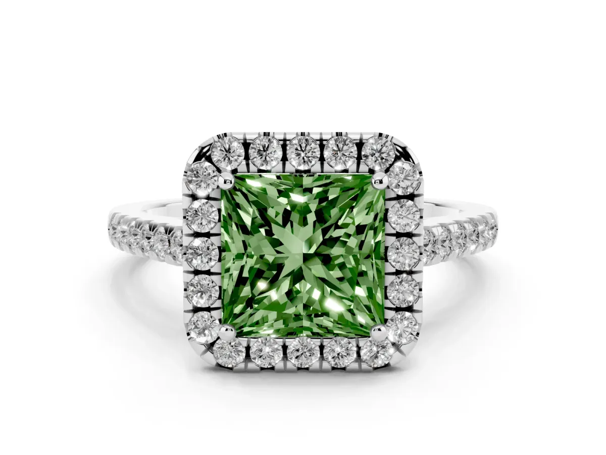 Fancy Green Princess Cut Diamond Pavé Halo Engagement Ring Set in Platinum with Pavé Band and Prong Setting