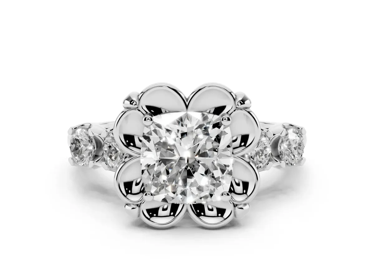 Cushion Cut Diamond Floral Halo Ring Set in Platinum with Shared Prong Band