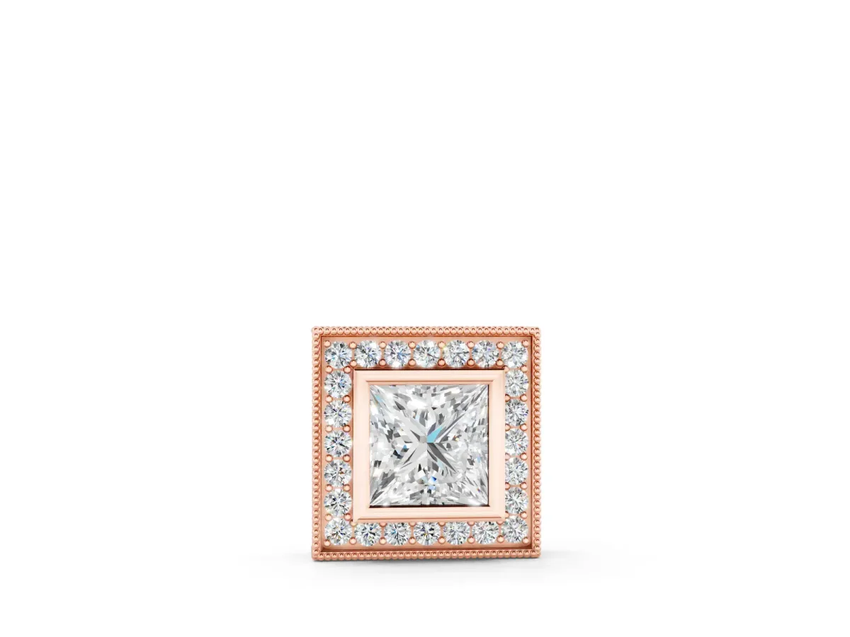 Princess Cut Diamond Halo Pendant Set in Rose gold with Bezel-Set Center