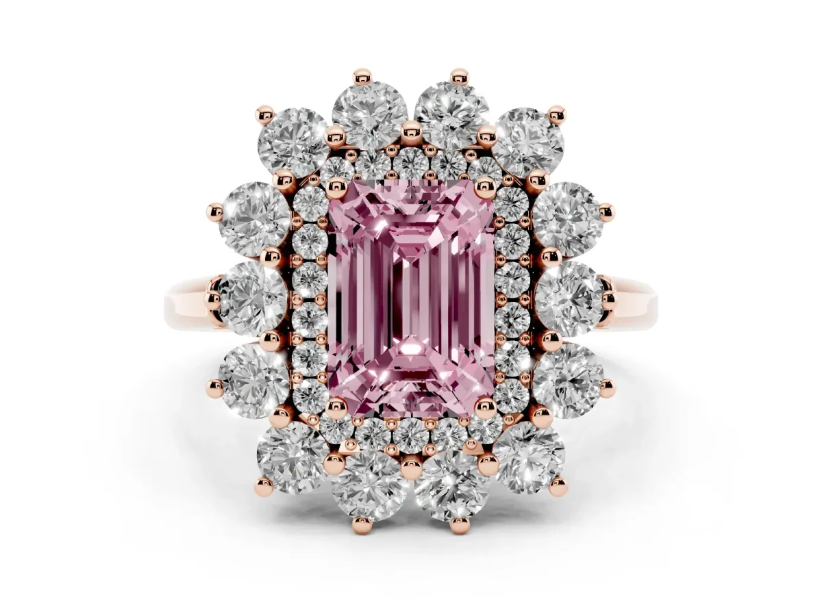 Fancy Pink Emerald Cut Diamond Floral Double Halo Ring Set in Rose gold with Round Petals