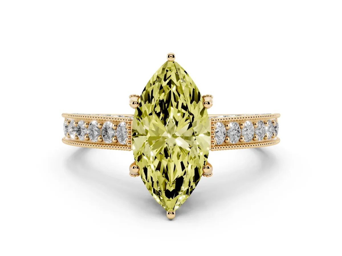 Fancy Yellow Marquise Cut Diamond Solitaire Ring Set in Yellow gold with Milgrain-Edged Pavé Band and Prong Setting