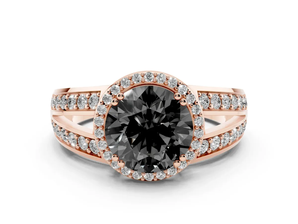 Fancy Black Round Cut Diamond Halo Ring Set in Rose gold with Double Pavé Split Shank