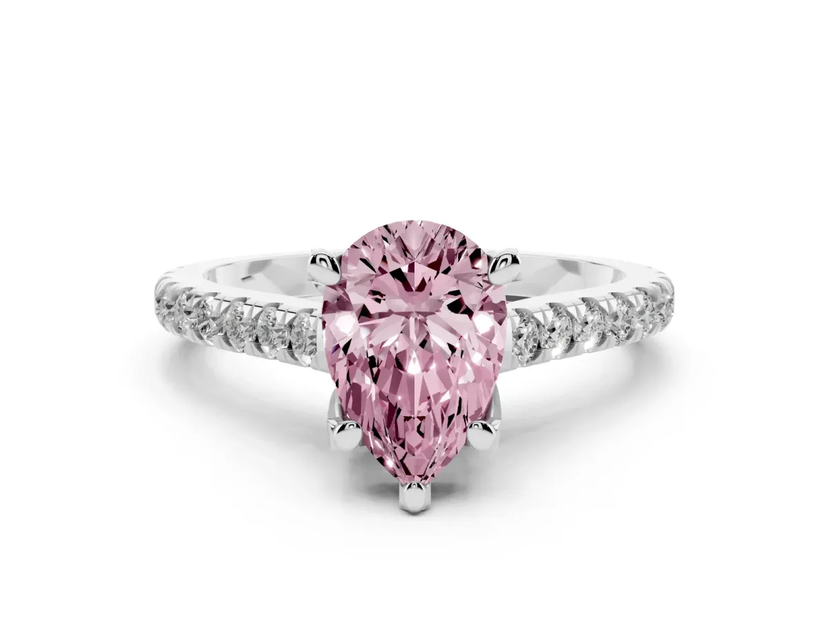 Fancy Pink Pear Cut Diamond Solitaire Ring Set in Platinum with Brilliant Pavé Band and Prong Setting