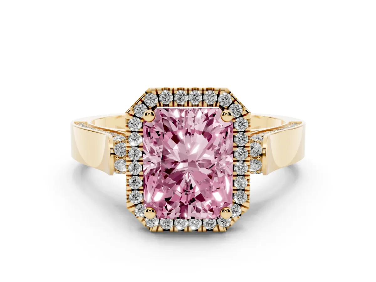 Fancy Pink Radiant Cut Diamond Halo Ring Set in Yellow gold with Pavé-Lined Split Shank Band