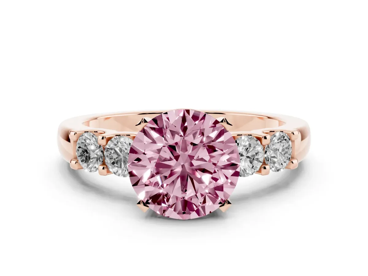 Fancy Pink Round Cut Diamond Five-Stone Prong Set Engagement Ring Set in Rose gold with Channel Band