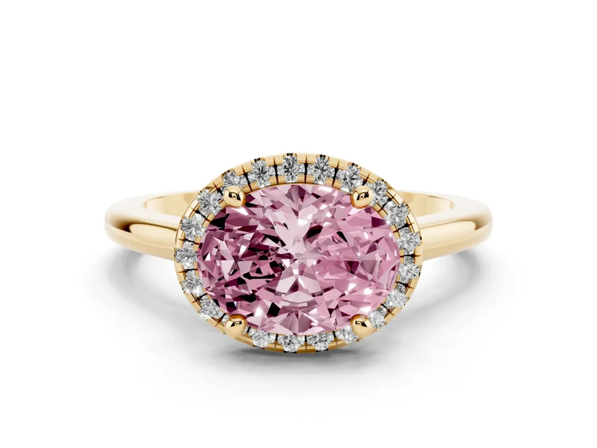Fancy Pink Oval Cut Diamond Halo Engagement Ring Set in Yellow gold with Pavé Band and Rising Shoulders