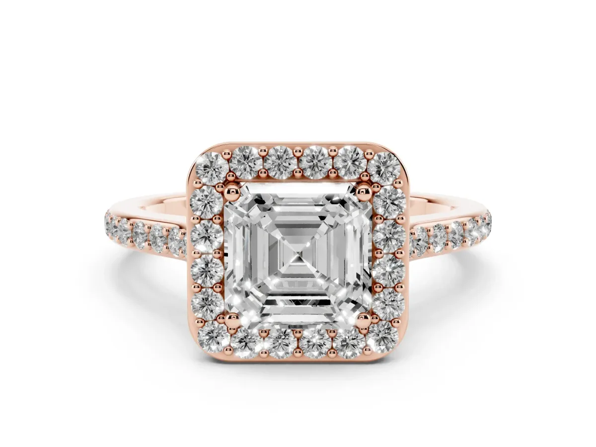Asscher Cut Diamond Halo Engagement Ring Set in Rose gold with Round Pavé Shoulders and Heart Gallery
