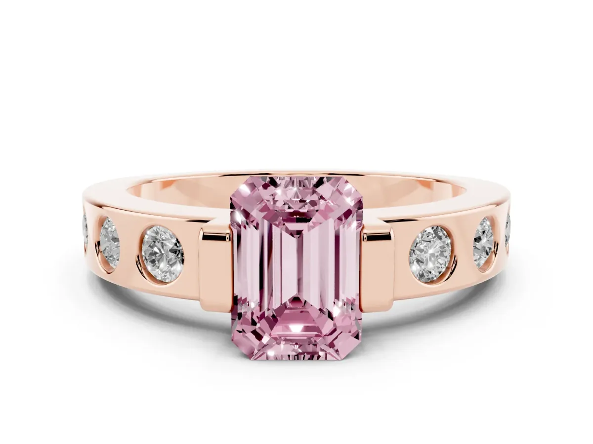 Fancy Pink Emerald Cut Diamond Channel-Set Band Ring Set in Rose gold with Bezel Prong Setting