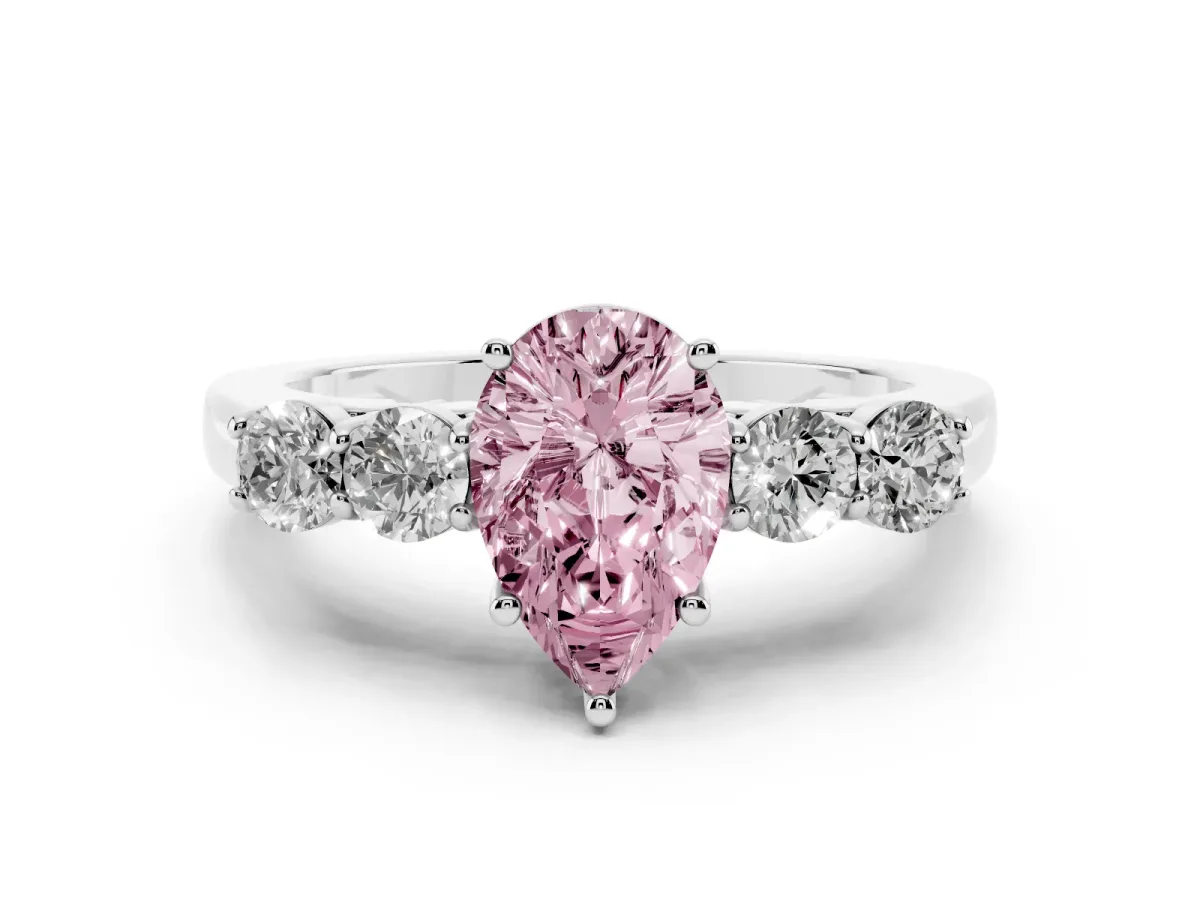 Fancy Pink Pear Cut Diamond Five-Stone Prong Set Band Ring Set in White gold with Polished Band