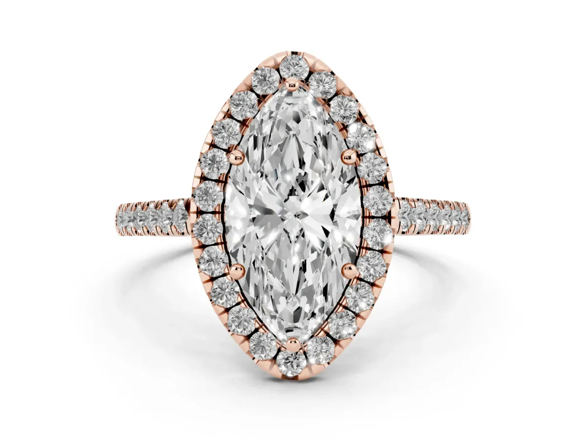 Marquise Cut Diamond Halo Pavé Engagement Ring Set in Rose gold with Prong Setting
