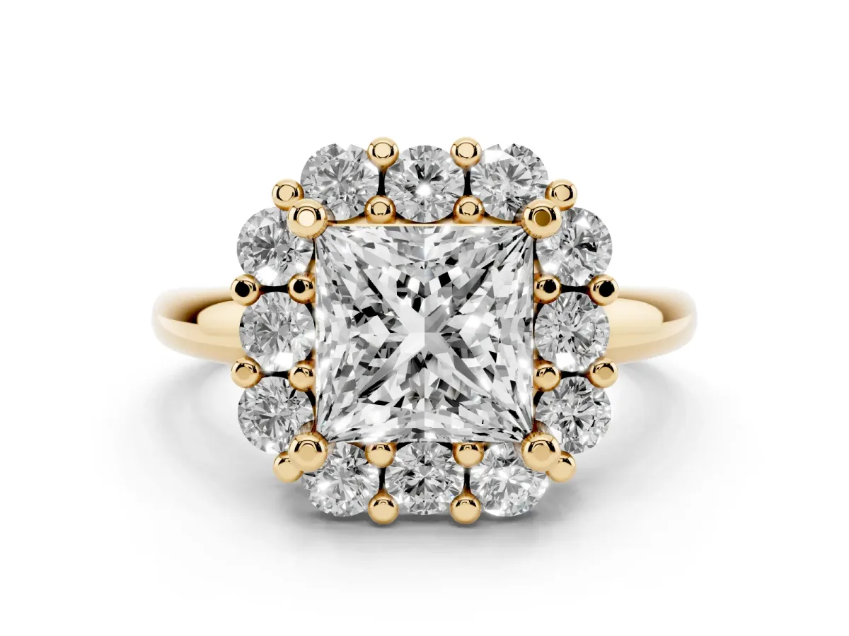 Princess Cut Diamond Halo Cluster Engagement Ring Set in Yellow gold with Polished Band and Prong Setting