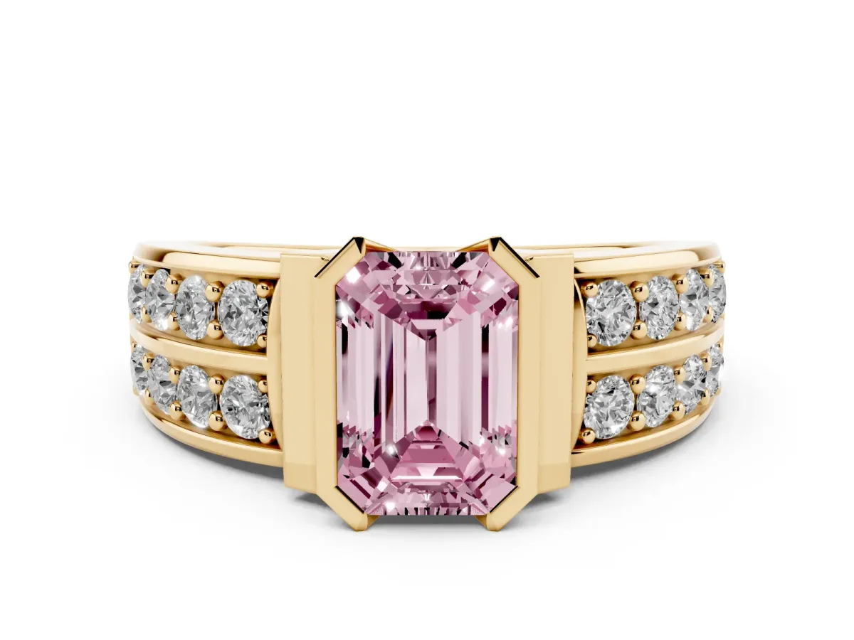 Fancy Pink Emerald Cut Diamond Wide Channel Set Band Ring Set in Yellow gold with Bezel Setting