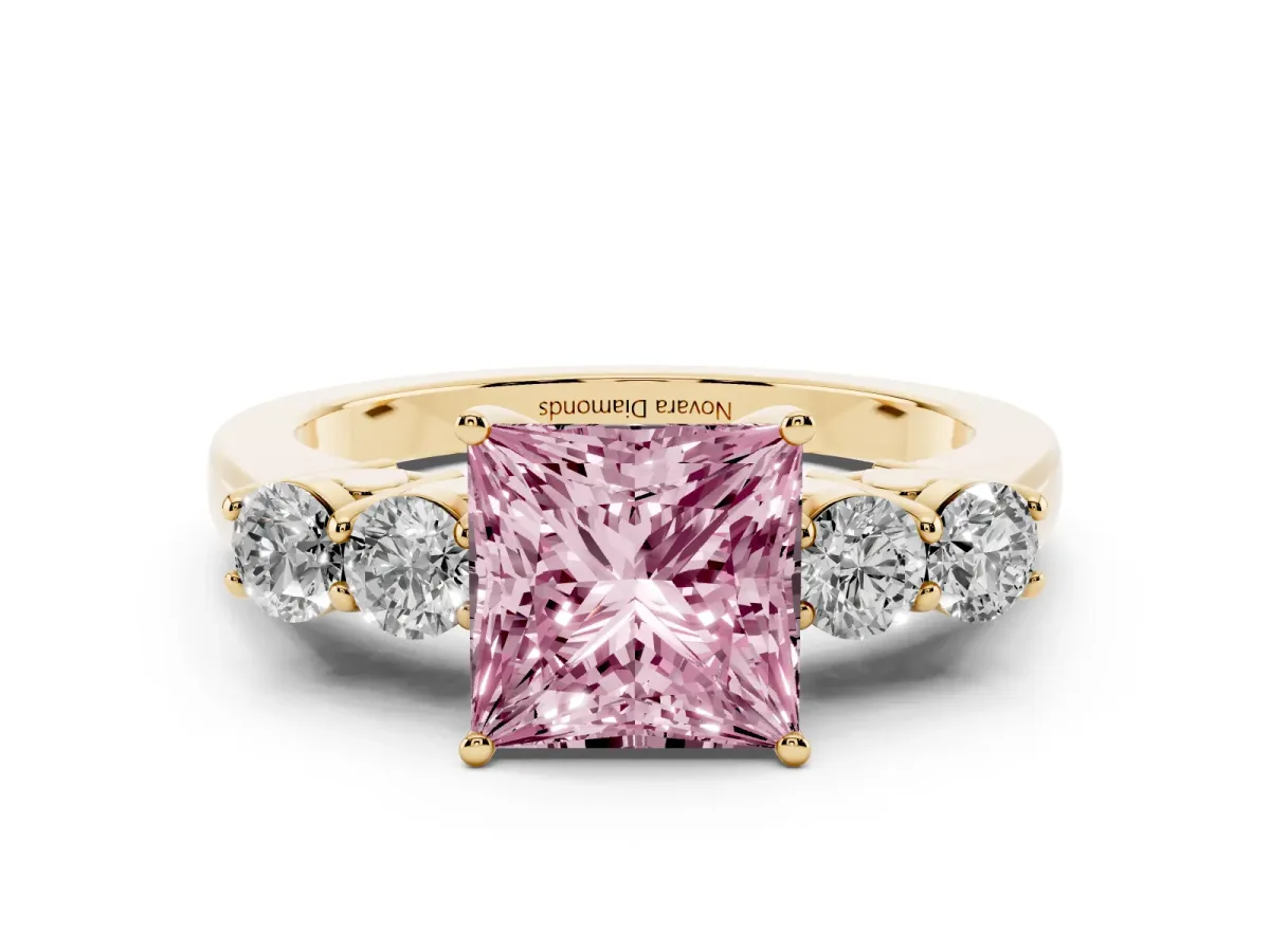 Fancy Pink Princess Cut Diamond Five-Stone Prong Set Band Ring Set in Yellow gold with Polished Band