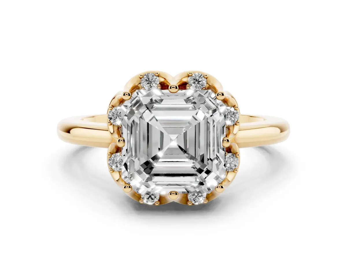 Asscher Cut Diamond Round Cluster Halo Ring Set in Yellow gold with Solitaire Band and Prong Setting