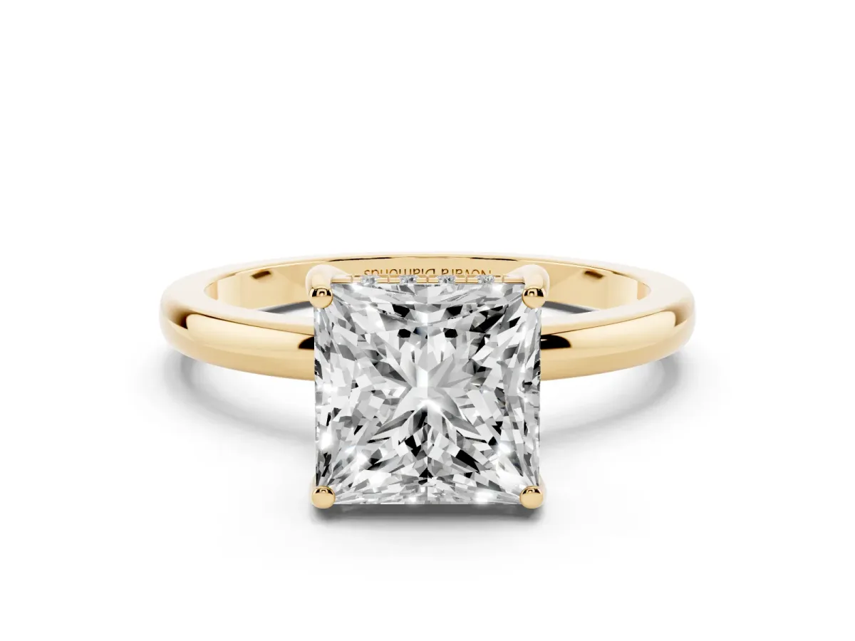 Princess Cut Diamond Solitaire Ring Set in Yellow gold with Plain Band and Prong Setting