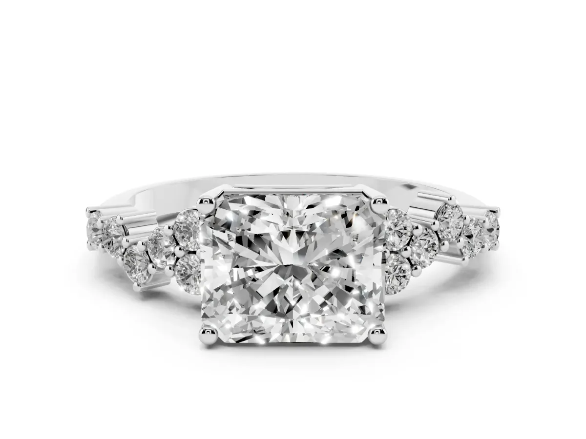 Radiant Cut Diamond Ring Set in White gold with Scattered Round Accents