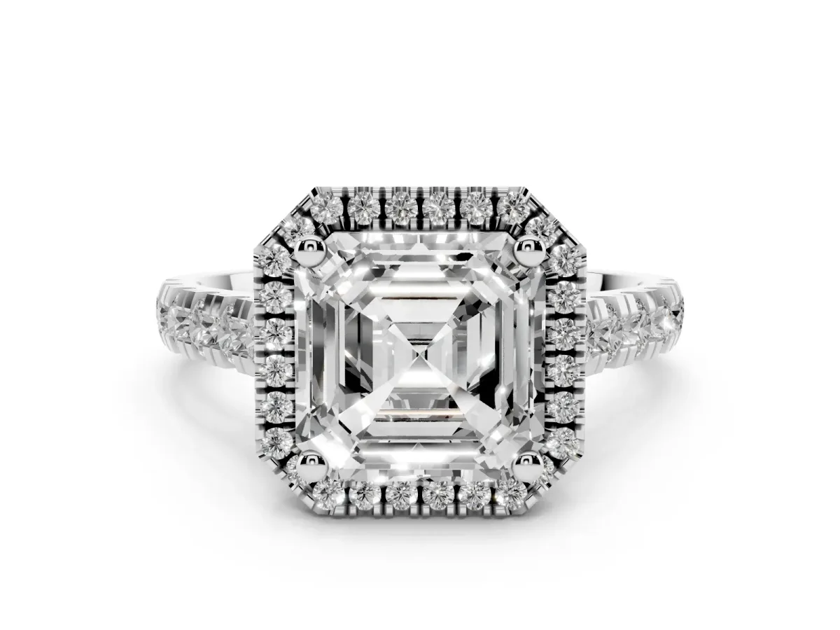 Asscher Cut Diamond Halo Engagement Ring Set in Silver with Pavé Band and Prong-Set Center