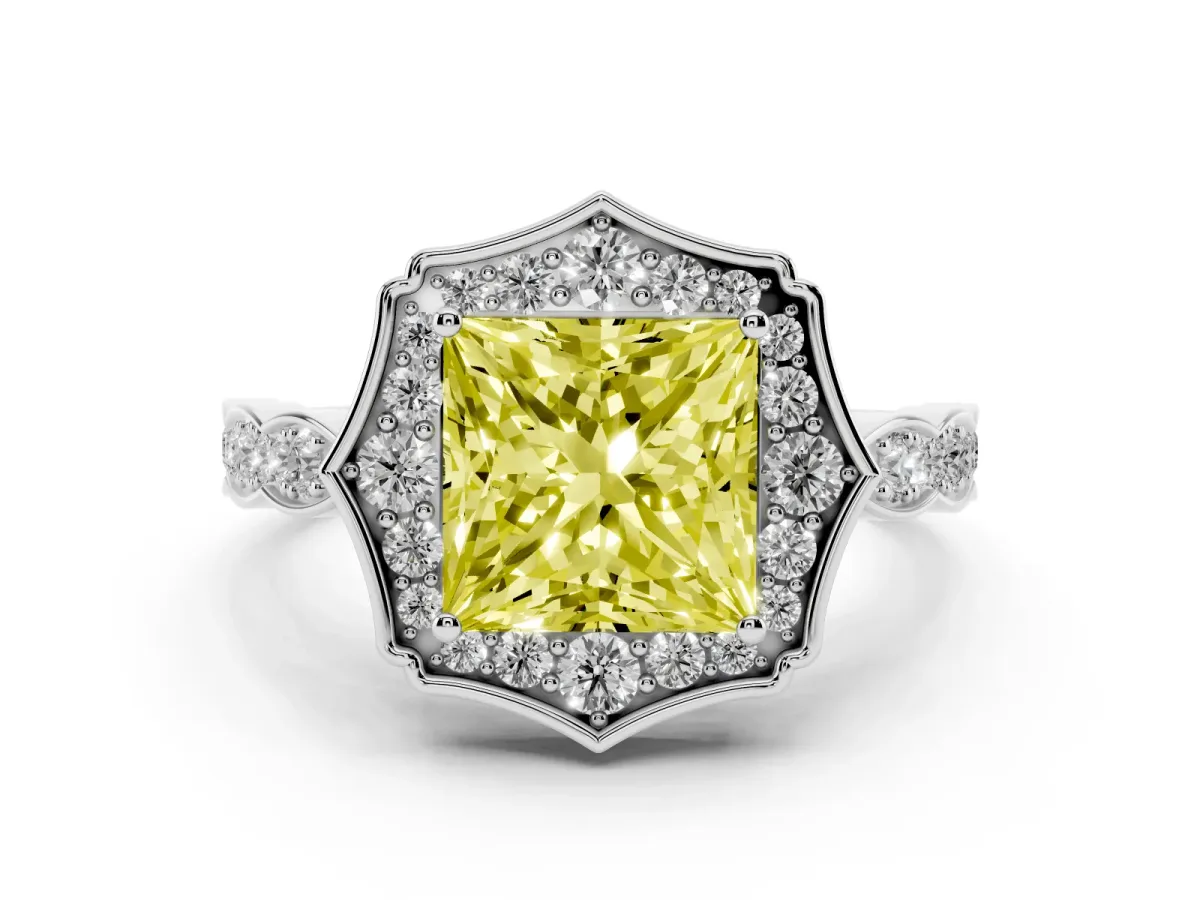 Fancy Yellow Princess Cut Diamond Halo Engagement Ring Set in White gold with Milgrain Band and Prong Setting