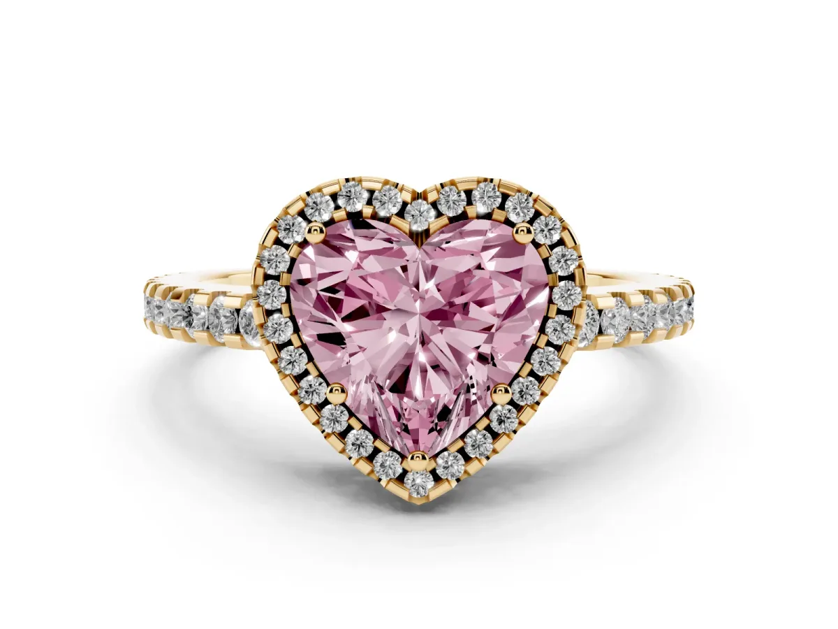 Fancy Pink Heart Cut Diamond Halo Ring Set in Yellow gold with Pavé Shoulders and Halo-Framed Center