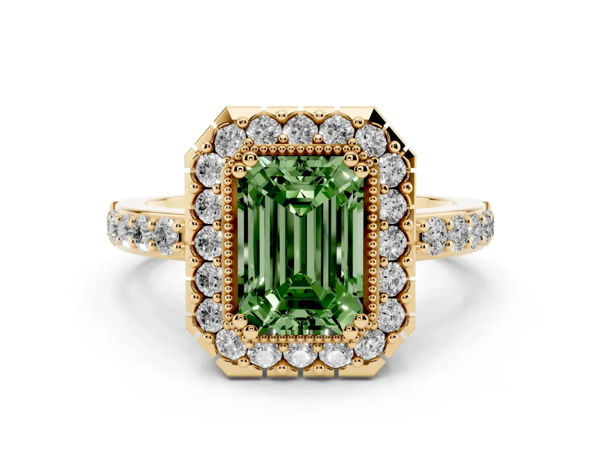 Fancy Green Emerald Cut Diamond Halo Ring Set in Yellow gold with Pavé Shank and Prong Setting