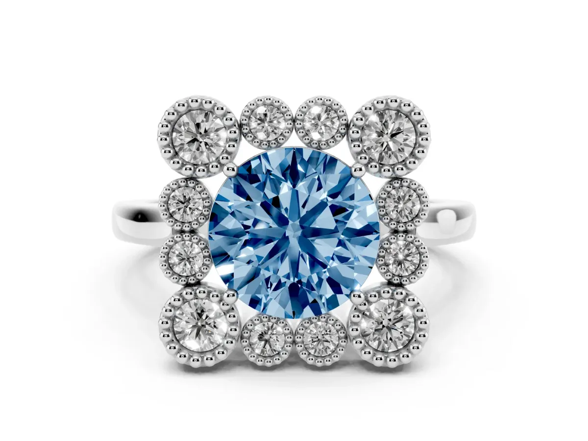 Fancy Blue Round Cut Diamond Cluster Halo Ring Set in Silver with Milgrain Bezel Accents and Plain Band