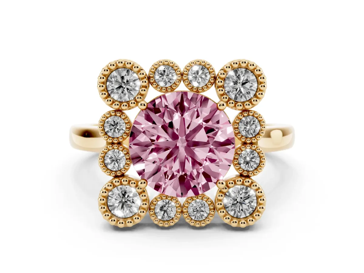 Fancy Pink Round Cut Diamond Cluster Halo Ring Set in Yellow gold with Milgrain Bezel Accents and Plain Band