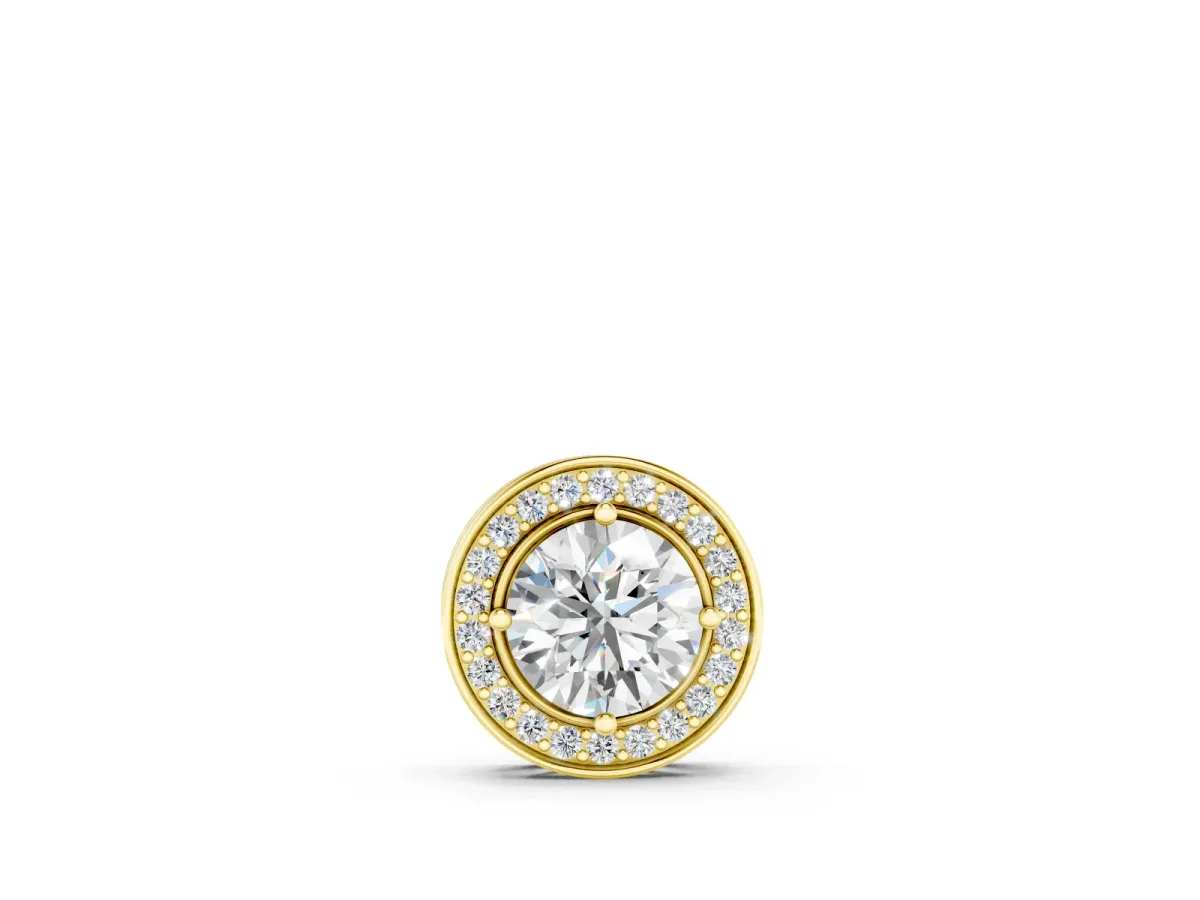 Round Diamond Halo Pendant Set in Yellow gold with Four-Prong Center