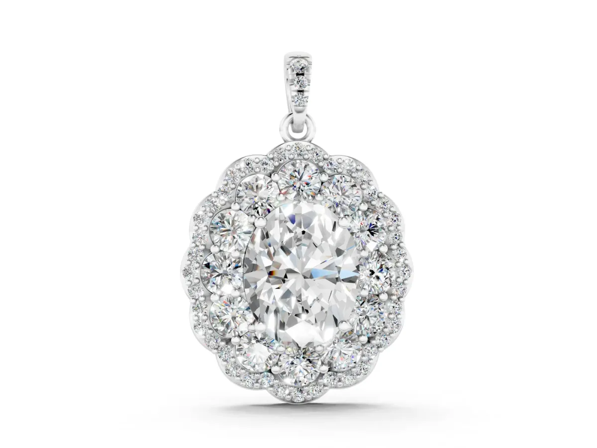 Oval Diamond Floral Halo Pendant Set in Silver with Accent Halo