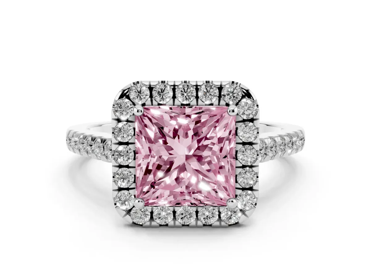 Fancy Pink Princess Cut Diamond Pavé Halo Engagement Ring Set in Silver with Pavé Band and Prong Setting