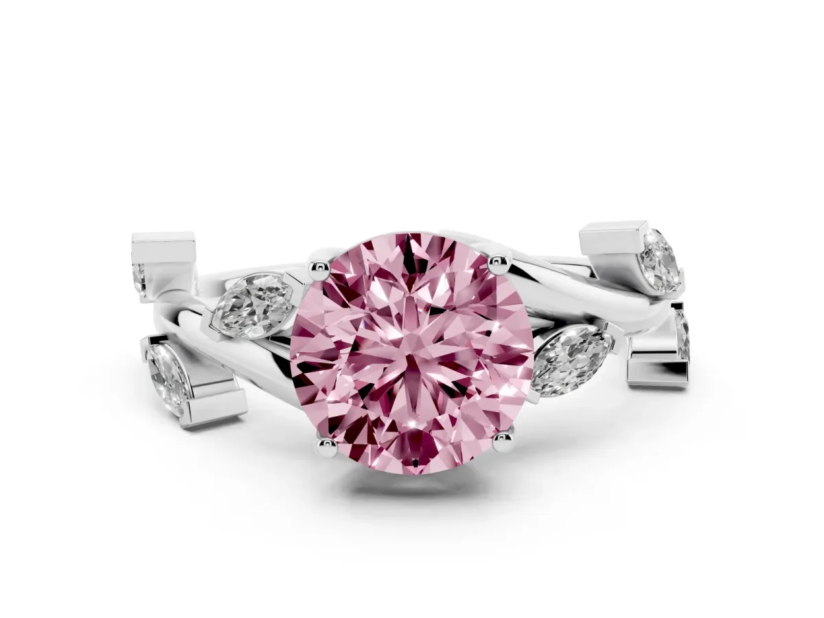 Fancy Pink Round Cut Diamond Solitaire Ring Set in Platinum with Twisted Marquise Accent Band