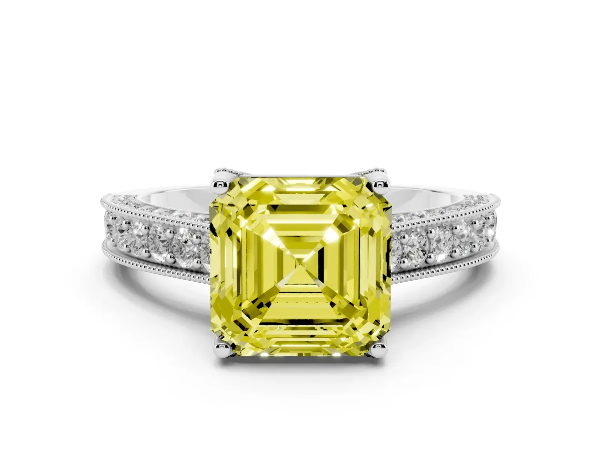 Fancy Yellow Asscher Cut Diamond Solitaire Ring Set in White gold with Milgrain-Edged Pavé Band and Prong Setting