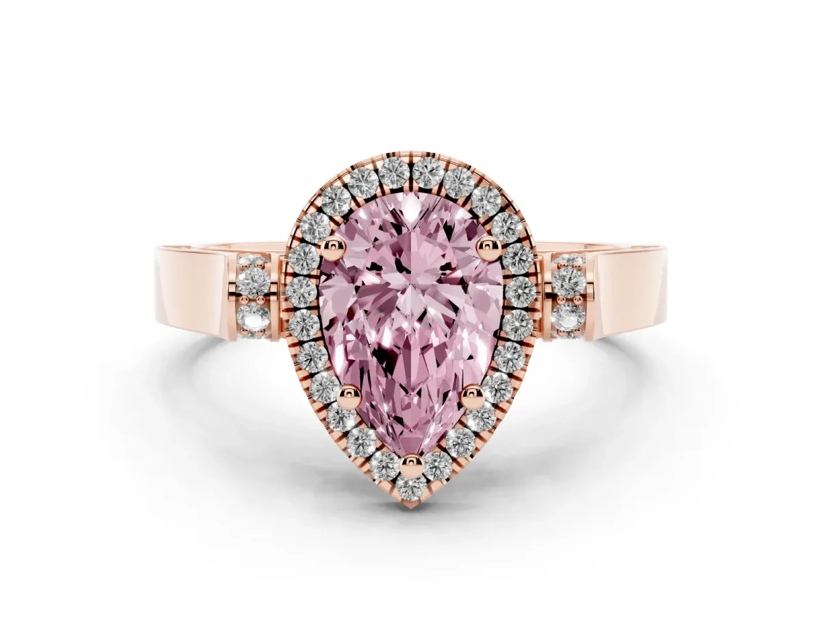 Fancy Pink Pear Cut Diamond Halo Ring Set in Rose gold with Pavé-Lined Split Shank Band